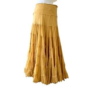Y2K Tiered Yellow Cotton Boho Maxi Skirt Fred Segal